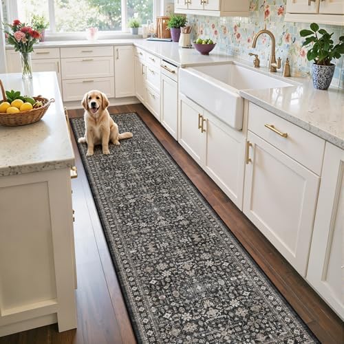 Grey Floral Hallway Runner Rug 2x10 for Kitchen Bathroom by WelcometoBabovid