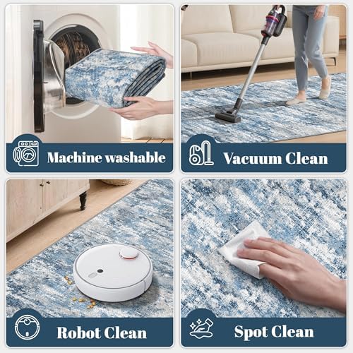 Modern Hallway Runner Rug 2x6, Textured Non Slip Carpet Runner, Ocean Blue - Image 3