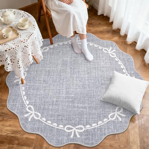 GarveeHome 5ft Round Rugs Washable Scalloped Bow Rug for Bedroom, Grey - Image 3
