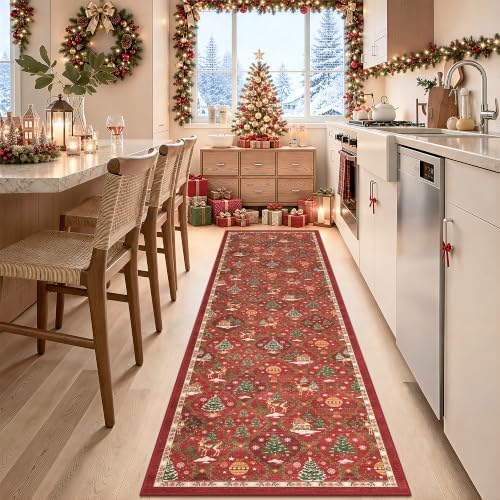 Christmas Runner Rug 2x8 for Hallway, Red Non Slip Washable Low Pile Rug by Soalmost