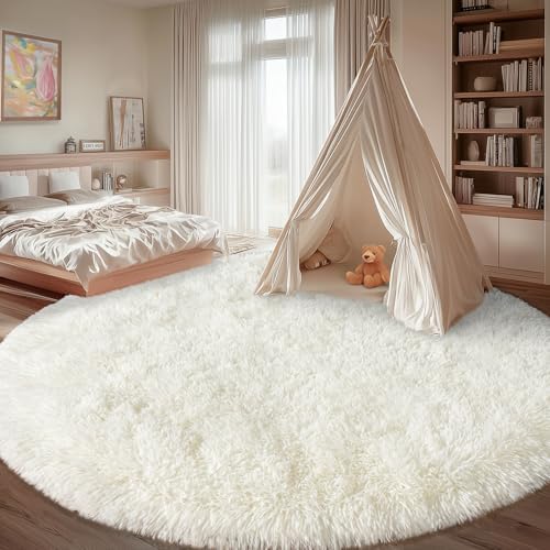 7ft Fluffy Cream White Round Rug for Bedroom Living Room, Washable Non-Slip - Image 3