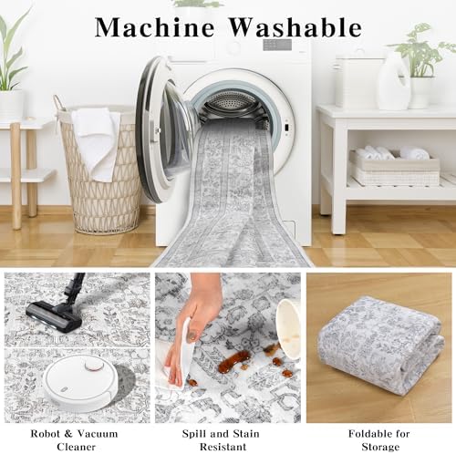9x12 Washable Living Room Area Rug Non-Slip Vintage Gray Large Carpet - Image 6