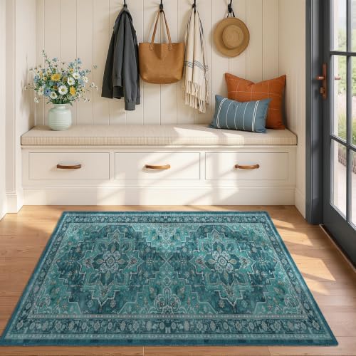 Washable Area Rug 3'x4' Entryway, Vintage Medallion, Boho Teal by Jainmy