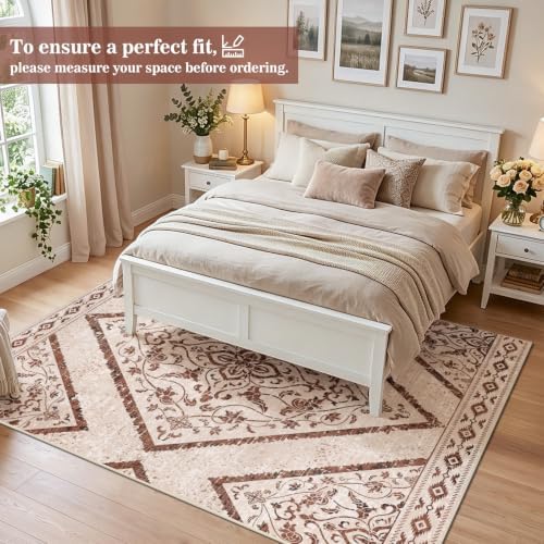 5x7Ft Boho Washable Area Rugs for Living Room, Light Brown Thin Bedroom Rugs Non Slip, Moroccan Soft Kids Nusery Area Floor Carpets for Dining Room Playroom Kitchen Farmhouse Decor - Image 4