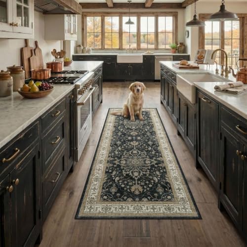 RELEANY Washable Area Rug, Runner 3'x6', Black/Vintage/Beige by RELEANY