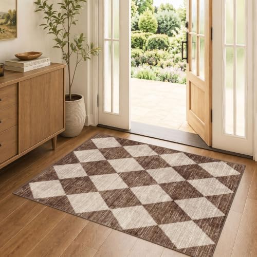 Brown Beige Checkered Entry Rug - 3x4 Non-Slip Washable Indoor Outdoor Front Door Mat Porch Rug Farmhouse Diamond Throw Carpet for Living Room Bedroom Entryway Kitchen Office Fall Porch Decor by Othilic