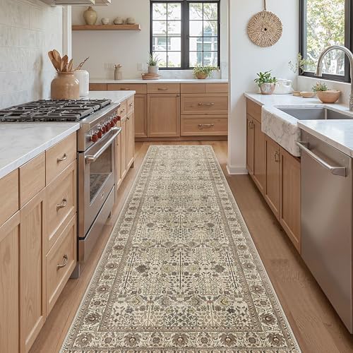 Bavni 2.5x10 Kitchen Runner Rug, Washable Non Slip, Cream Brown by BAVNI