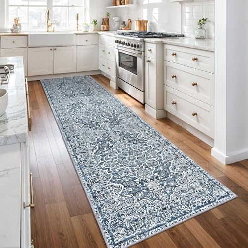 KUTA Vintage Runners for Hallways 2.6x10 Blue White Washable Kitchen Rug - Image 3