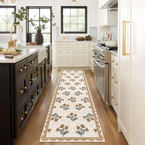Non Slip Washable Hallway Runner Rug - 2.6x12 Extra Long Beige Kitchen Runner Rug Soft Boho Runners for Hallways Vintage Floral Scalloped Area Rug for Bedroom Entryway Foyer Stair Runner Decor - Image 7