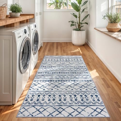 KUTA Vintage Boho Washable Rugs 3x5, Moroccan Entryway Rug Blue White - Image 3