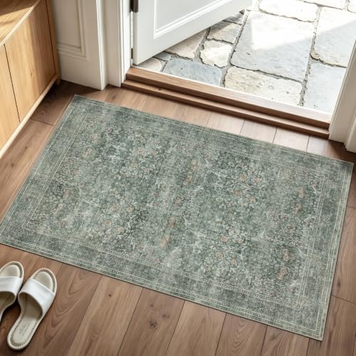 JOLLYVOGUE Entryway Rug, 2x3 Washable Vintage Floral Rug, Moss Green by JOLLYVOGUE