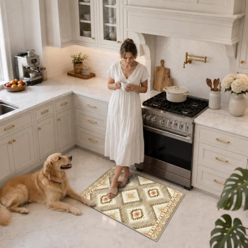 Area Rug 2x3 Rug Machine Washable Non-Slip Low Pile Print Pattern Western Rug for Living Room Bedroom Entryway Tribal Series -Cream/Camel - Image 4