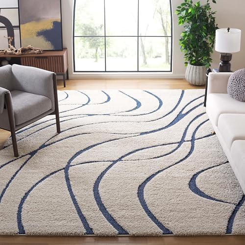 SAFAVIEH Florida Shag Collection Area Rug - 12' Square, Cream & Blue, Non-Shedding & Easy Cleaning, Plush Thick Pile, Ideal for Living Room, Bedroom, Dining Space (SG471-1165) - Image 2
