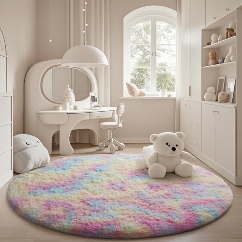 Ophanie Soft Fluffy Shaggy Rugs for Bedroom Living Room Dorm Nursery Home Decor Aesthetic,Color Rainbow, Size 6' Round - Image 3