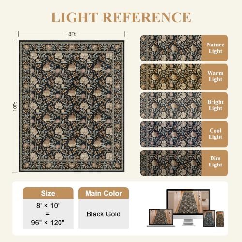 DUKINO 8x10 Area Rug, Vintage Floral Washable Rugs for Living Room, Black - Image 2