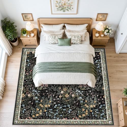 9x9 Square Area Rug Living Room, Non-Slip Floral Washable 8ft Square Rug Low Pile Thin Indoor Carpets for Dining Room Bedroom Office High Traffic Area Boho Vintage Home Decor (9ft Square, Black) - Image 5