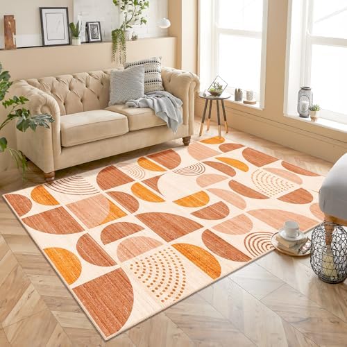 MUJOO Boho Rug Washable,4x6.5 Area Rugs for Bedroom Living Room Bedside Office,Throw Floor Carpet Non Slip Soft Indoor Modern Abstract Bohemian Orange - Image 2