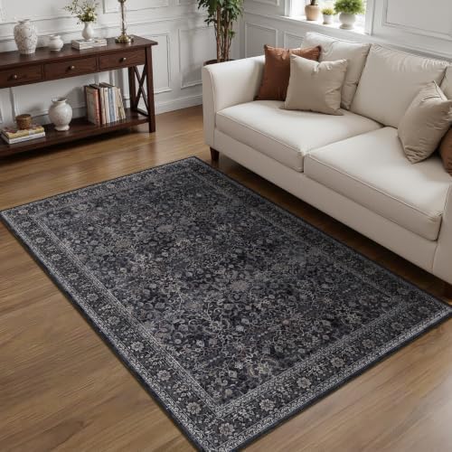 Dark 4x6 Washable Rug, Small Area Rugs Non Slip for Entryway Kitchen Bathroom, Vintage Farmhouse Low Pile Thin Throw Carpet Rug for Foyer/Nursery/Home Office/Living Room, Midnight by Jainmy
