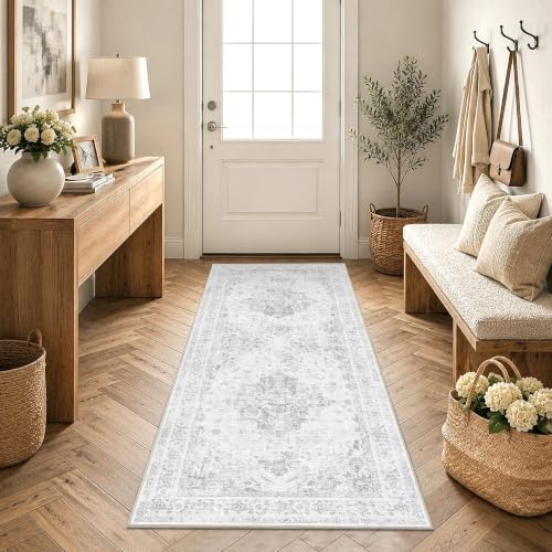 2x5 Washable Kitchen Runner Rug Non-Slip Medallion Gray Throw Carpet - Image 4