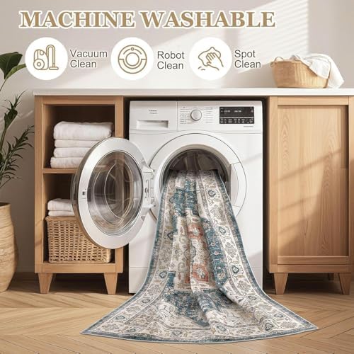 8x8 Square Area Rug: Washable Vintage Blue Area Rug for Living Room - Image 4