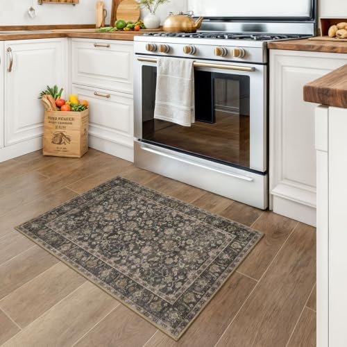 KUTA Vintage Floral Entryway Rug 2x3, Kitchen Area Rugs Brown - Image 3