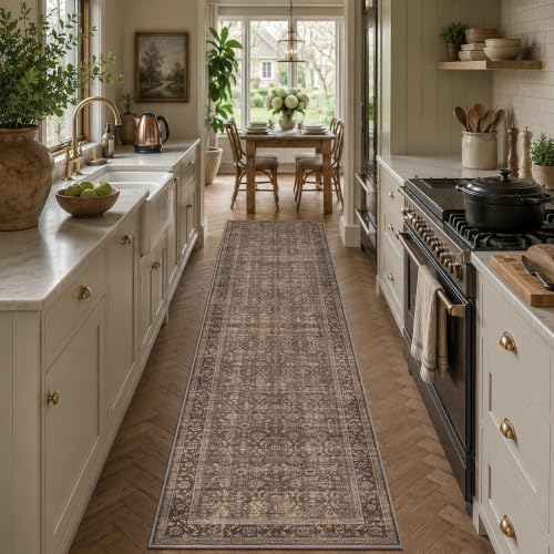 JOOJA 2x10 Brown Vintage Floral Low Pile Non Slip Washable Boho Runner Rug by JOOJA