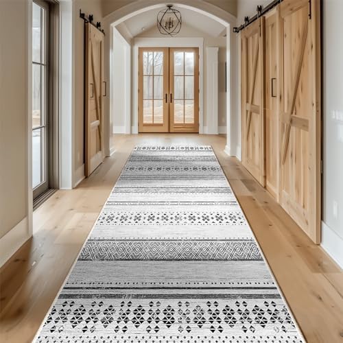 2x10 Washable Area Rugs for Living Room Boho Runner Rug Grey/Black/Navy by BESTSWEETIE