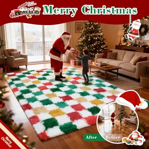 Christmas Area Rug 4x6 for Bedroom Living Room, Checkered Shag Rug Fuzzy Shaggy Bedside Carpet, Indoor Plush Floor Rugs for Holiday Home Decor - Image 3
