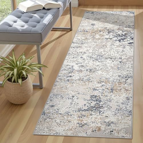 DMOYEST Washable Runner Rug for Hallway: 2x6 Neutral Modern Abstract Low Pile Area Rug with Non-Slip Backing - Carpet for Bedroom Kitchen Laundry Entryway Bathroom Indoor - Beige Blue - Image 3