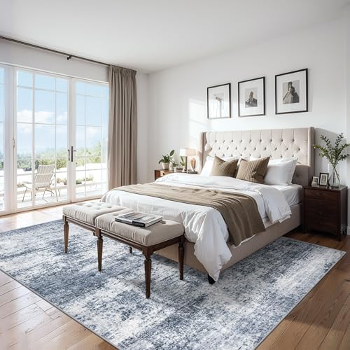 PLHXFR 10x12 Area Rug Living Room: Abstract Washable Carpet Grey Blue - Image 2
