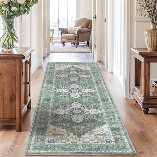 Amada 2'6"x8' Washable Runner Rug for Hallway, Dark/Green, Vintage Style by AMADAHOMEFURNISHING