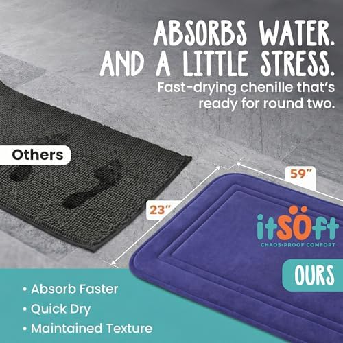 ITSOFT Memory Foam Bath Mat 59x23, Non Slip, Machine Washable, Quick Dry & Absorbent Rugs, Bath Mats for Bathroom Floor, Tub & Shower, Bathroom Rug, Blue - Image 3