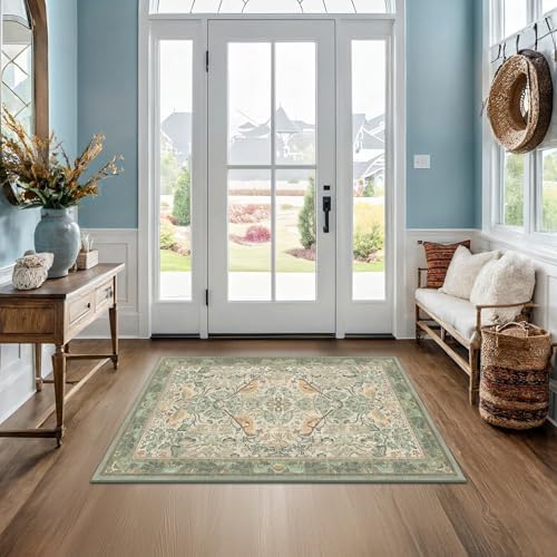 Large Entryway Rugs Indoor - Sage Green 3x4 Washable Rugs for Kitchen Bedroom Beside Bed Door Mat Indoor Entrance with Beige Woodland Flowers, Non Slip Stain Resistant Low Pile by HazoHaus
