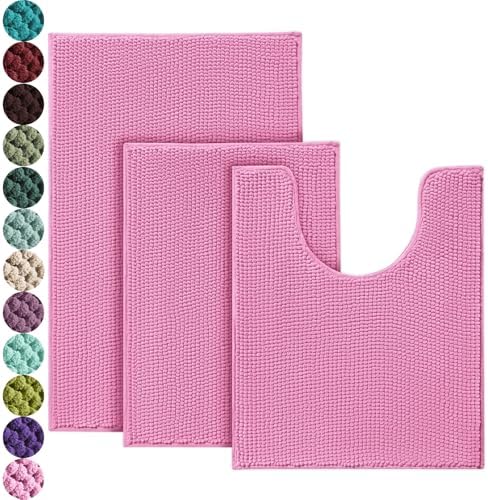 Urvoix Bathroom Rugs Sets 3 Piece, Chenille Bath Mat Set, Pink by Urvoix