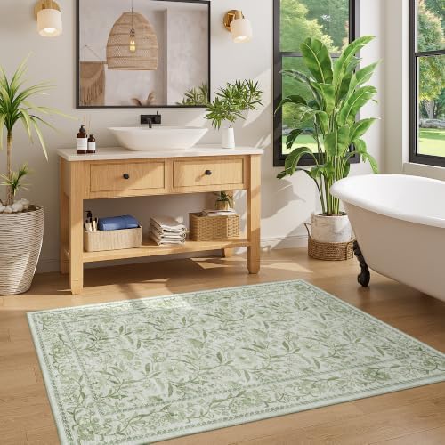 DUKINO 3x5 Rug Washable Vintage Floral Bedroom Area Rug Non Slip Sage Green - Image 5