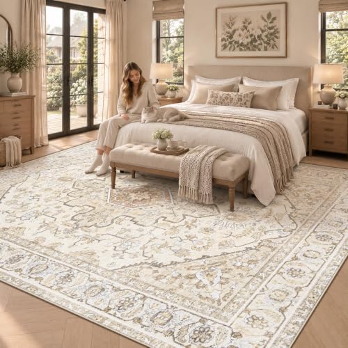 Area Rugs 8x10 Vintage Rug: Large Washable Living Room Rug Retro Medallion Distressed Soft Low Pile Non-Slip Indoor Floor Carpet for Bedroom Kitchen Nursery Dining Office (BeigeBrown, 8'x10') - Image 2