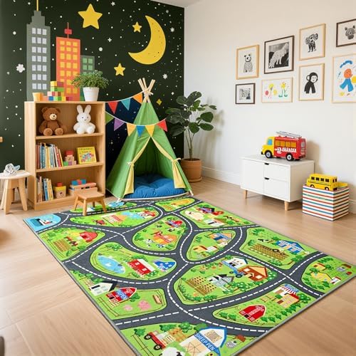 BENRON Farmyard Car Play Rug 4x6 for palyroom, Educational PlayMat for Kids by BBENRON