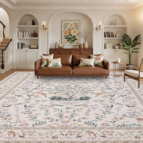 RCTJHOME 9x12 Beige Floral Nursery Kids Washable Area Rug Non-Slip Carpet by RCTJHOME