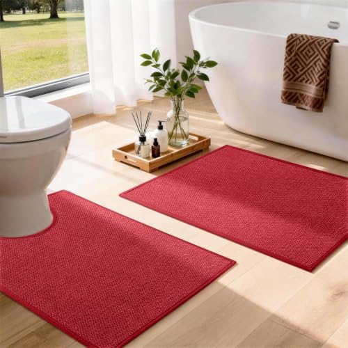 YIHOUSE Red Bathroom Rugs Sets 2 Piece, Quick Dry Thin Bath Mat with Toilet Rug, Non Slip Absorbent Machine Washable, Bath Rugs for Tub Sink Home Decor (17"x24" + 17.5"x24" U-Shaped) by YIHOUSE