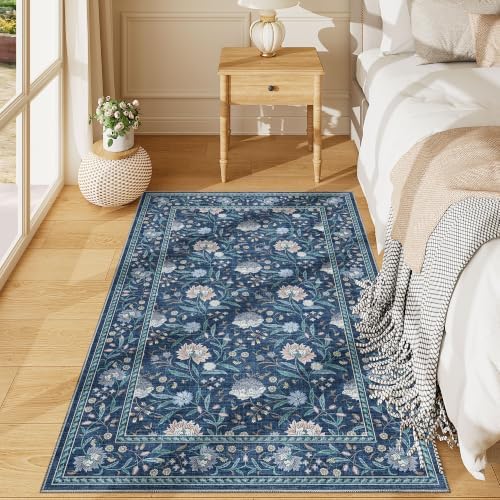 DUKINO 3x5 Rug, Washable Vintage Floral Bedroom Area Rug Non Slip Dark Blue by DUKINO