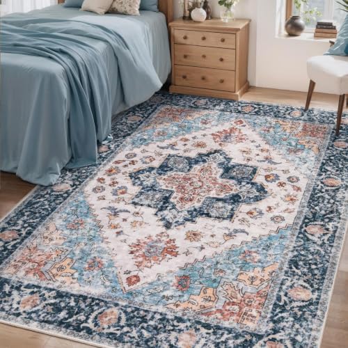 SERISSA 4x6 Washable Non Slip Boho Area Rug for Bedroom，Blue Orange by SERISSAHomeDecorCollection