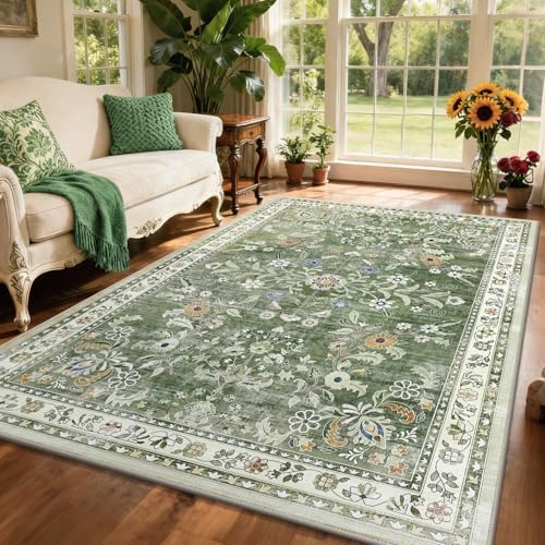 Yamaziot 5x7 Washable Area Rug for Living Room Floral Carpet Sage Green by Yamaziot