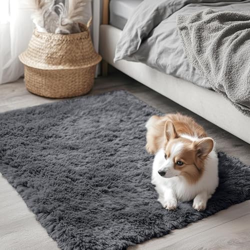 OLANLY 2x3 Machine Washable Small Bedside Rug, Soft Fluffy Shaggy Entryway Throw Rugs for Bedroom, Living Room, Indoor Floor Carpet for Kids Girls and Boys, Nursery Rooms, Home Decor Aesthetic, Grey - Image 3