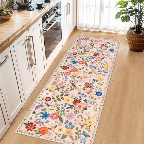 PLHXFR 2x6 Washable Runner Rug：Floral Indoor Kitchen Soft Carpet Beige - Image 6