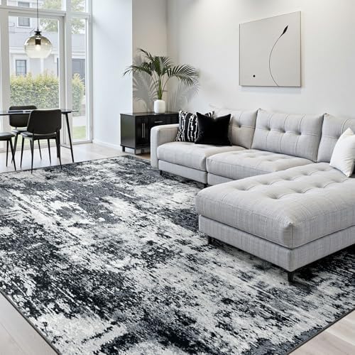 RELEANY Washable 9'x12' Abstract Area Rug for Living Room Black White by RELEANY