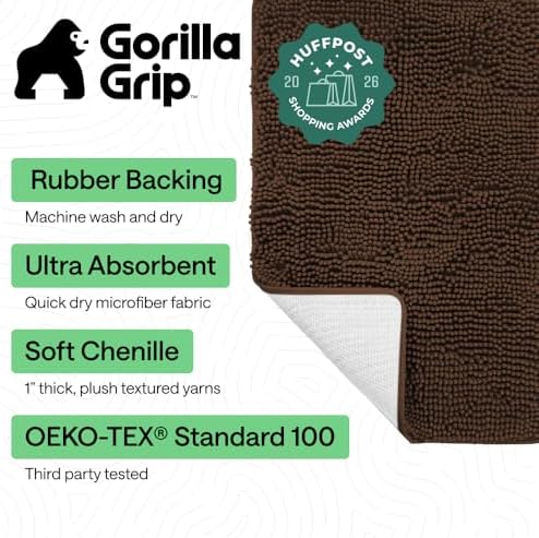 GORILLA GRIP Bath Rug Mat for Bathroom, Absorbent Chenille, 44x26 Brown - Image 2