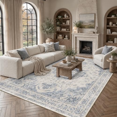Washable 8x10 Bedroom Area Rug Soft Medalion Retro Blue Large Carpet - Image 2