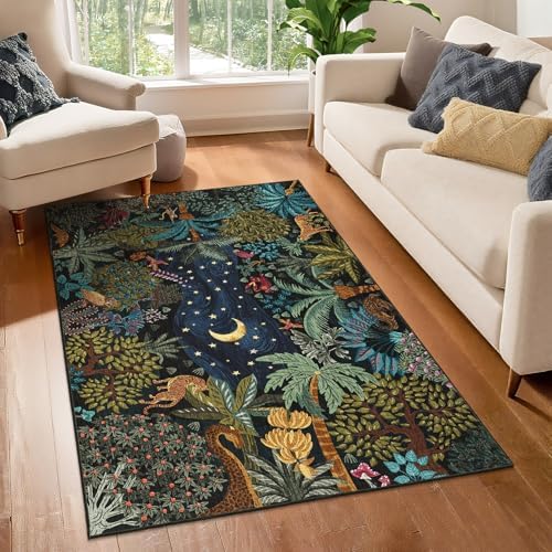 GarveeHome 3x5 Washable Area Rug for Bedroom, Jungle Animal Soft Tiger Rug Non Slip Low Pile Green Carpet Stain Resistant Throw Rug for Bedside Kids Room Office Dining Room - Image 3