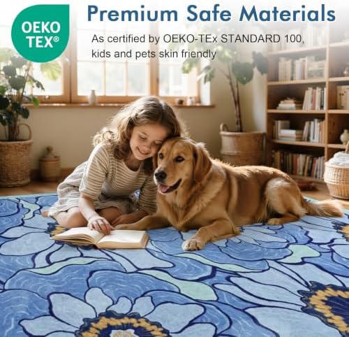 6x9 Ft Floral Area Rugs for Living Room, Thin Soft Washable Carpet Blue - Image 4