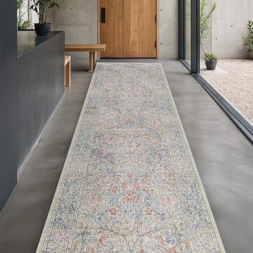 Vintage Beige Blue 3x12 Runner Rug for Hallway, Kitchen, Bathroom, Entryway Indoor, Washable Non Slip Rubber Backing Stain Resistant - Botanical Home Decor by HazoHaus